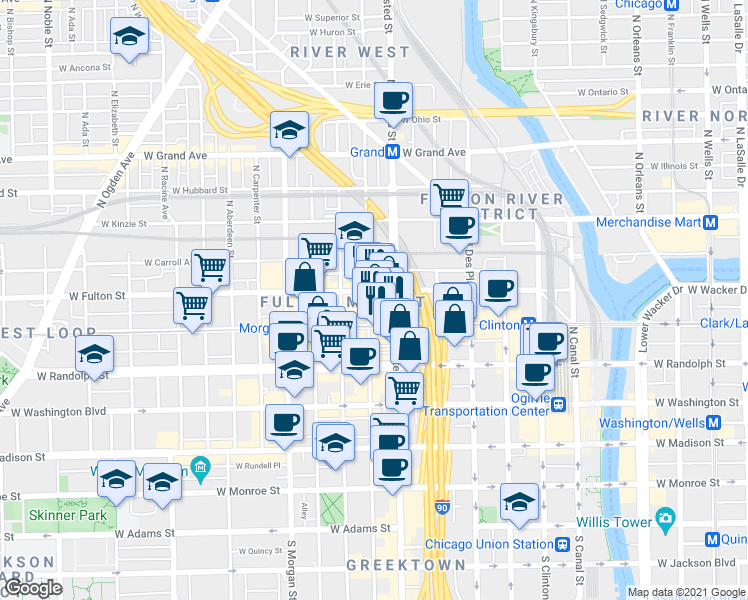 map of restaurants, bars, coffee shops, grocery stores, and more near 812 West Lake Street in Chicago