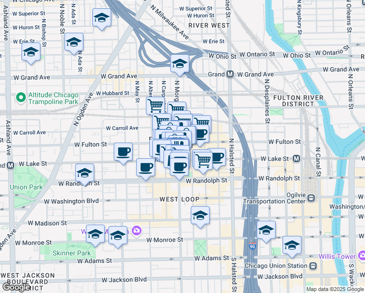 map of restaurants, bars, coffee shops, grocery stores, and more near in Chicago