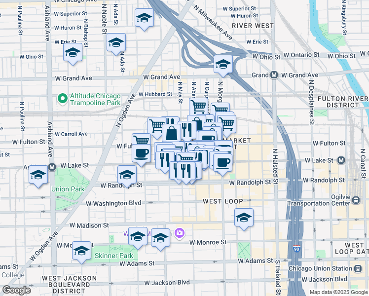 map of restaurants, bars, coffee shops, grocery stores, and more near 213 North May Street in Chicago