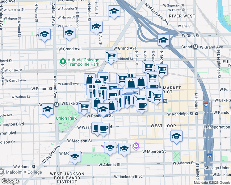 map of restaurants, bars, coffee shops, grocery stores, and more near in Chicago