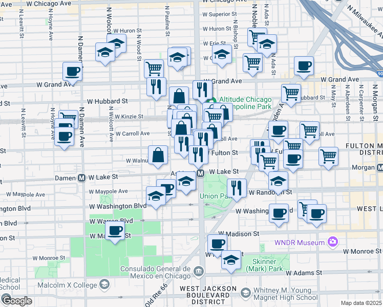 map of restaurants, bars, coffee shops, grocery stores, and more near 1635 West Walnut Street in Chicago