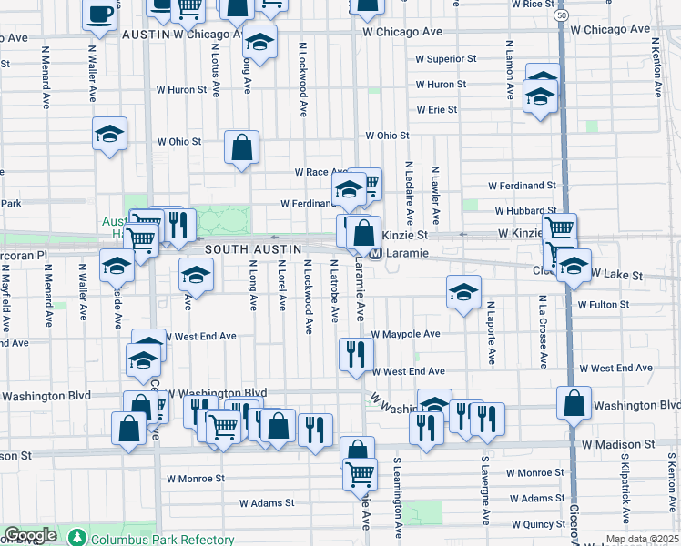 map of restaurants, bars, coffee shops, grocery stores, and more near 311 North Latrobe Avenue in Chicago