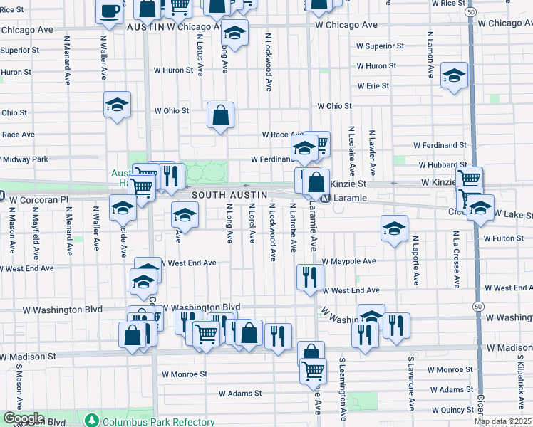map of restaurants, bars, coffee shops, grocery stores, and more near 311 North Lockwood Avenue in Chicago