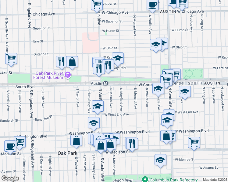 map of restaurants, bars, coffee shops, grocery stores, and more near 310 North Mayfield Avenue in Chicago