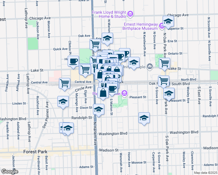 map of restaurants, bars, coffee shops, grocery stores, and more near 128 South Marion Street in Oak Park