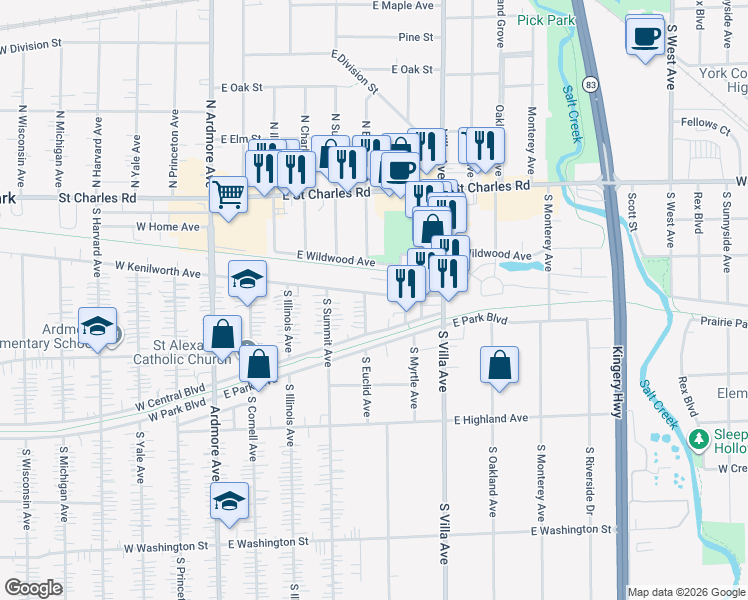 map of restaurants, bars, coffee shops, grocery stores, and more near 201 South Euclid Avenue in Villa Park