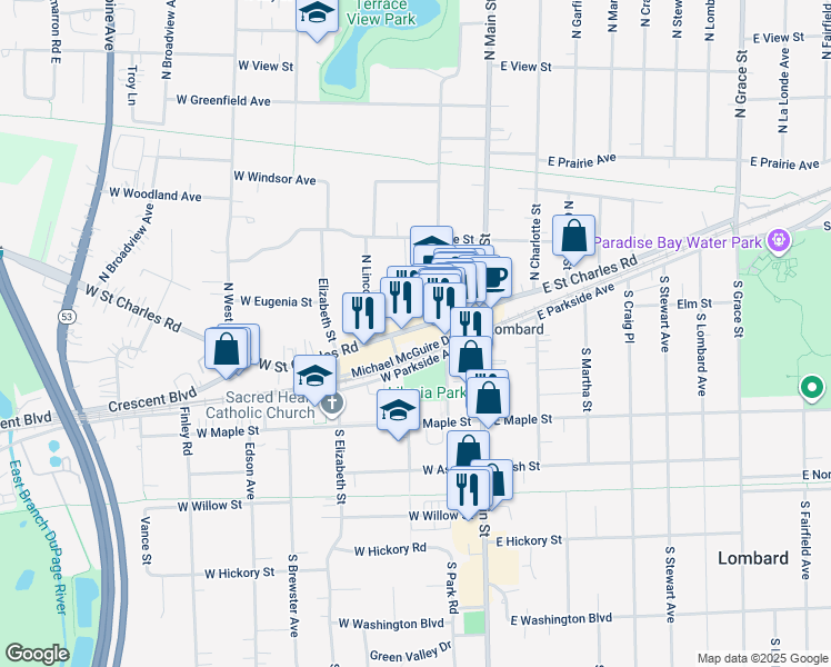 map of restaurants, bars, coffee shops, grocery stores, and more near 1 South Lincoln Avenue in Lombard