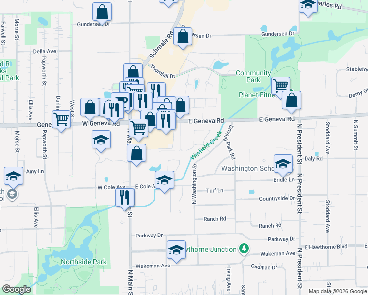 map of restaurants, bars, coffee shops, grocery stores, and more near 321 Brookside Circle in Wheaton
