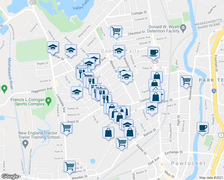 map of restaurants, bars, coffee shops, grocery stores, and more near 85 Summer Street in Central Falls