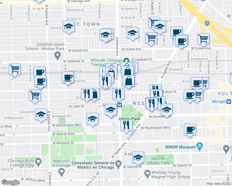 map of restaurants, bars, coffee shops, grocery stores, and more near 240 North Ashland Avenue in Chicago