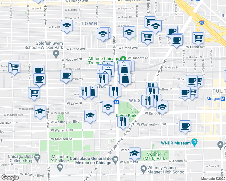 map of restaurants, bars, coffee shops, grocery stores, and more near 1611 West Walnut Street in Chicago