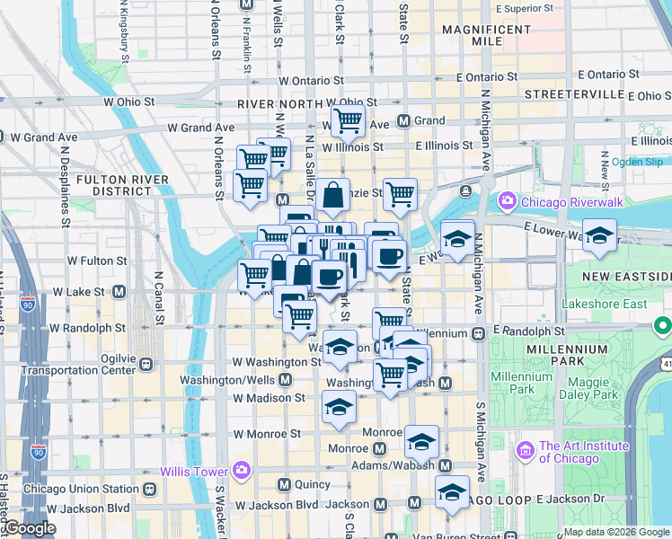 map of restaurants, bars, coffee shops, grocery stores, and more near 111 West Wacker Drive in Chicago