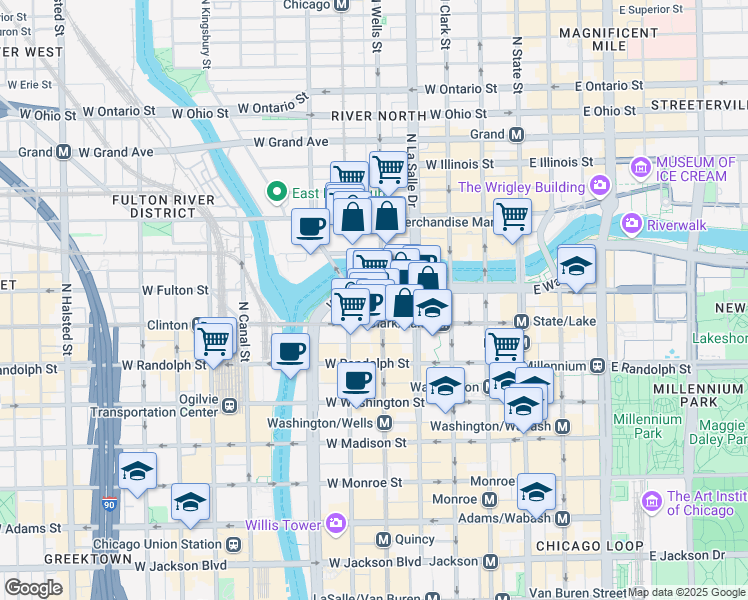 map of restaurants, bars, coffee shops, grocery stores, and more near 205 West Upper Wacker Drive in Chicago