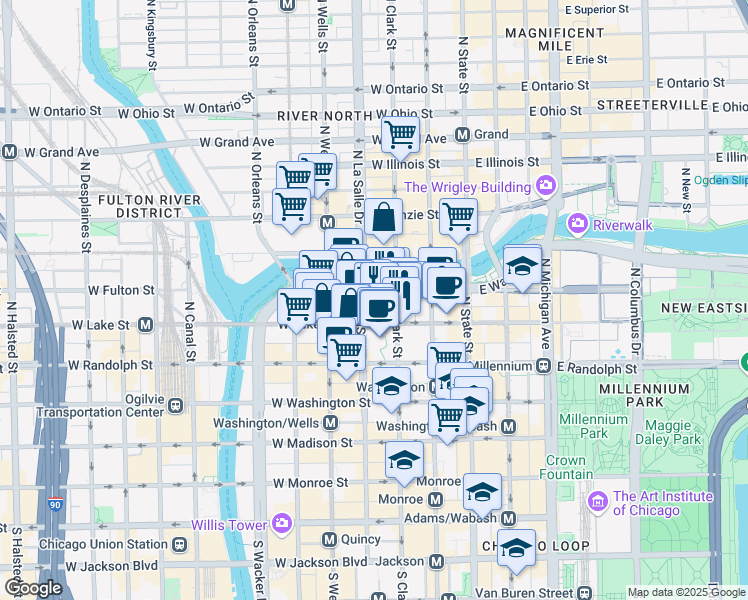 map of restaurants, bars, coffee shops, grocery stores, and more near 201 North Clark Street in Chicago