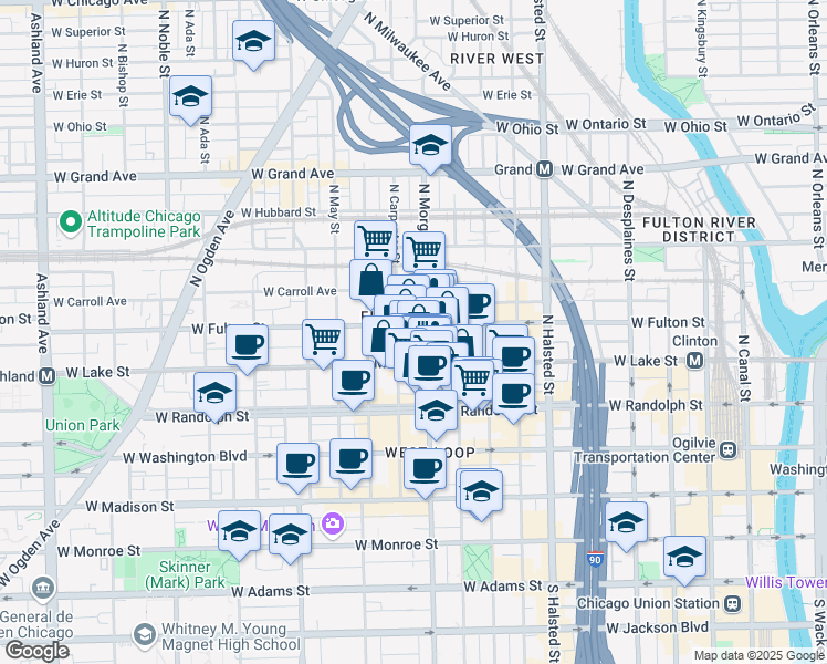 map of restaurants, bars, coffee shops, grocery stores, and more near in Chicago