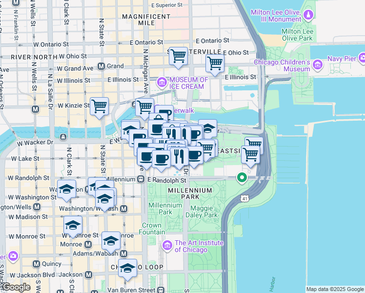 map of restaurants, bars, coffee shops, grocery stores, and more near 200 North Columbus Drive in Chicago