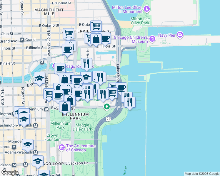map of restaurants, bars, coffee shops, grocery stores, and more near 455 East Waterside Drive in Chicago