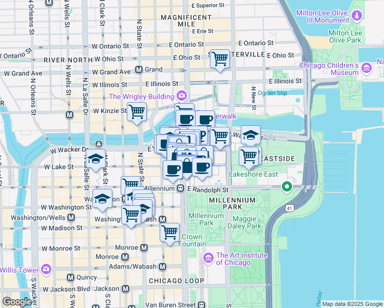 map of restaurants, bars, coffee shops, grocery stores, and more near 201 North Michigan Avenue in Chicago