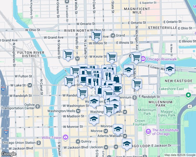 map of restaurants, bars, coffee shops, grocery stores, and more near 77 West Wacker Drive in Chicago