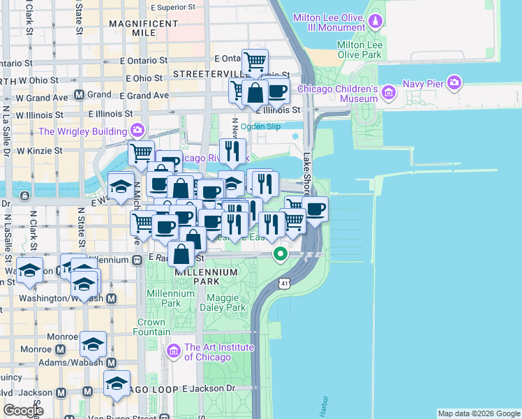map of restaurants, bars, coffee shops, grocery stores, and more near 411 East South Water Street in Chicago