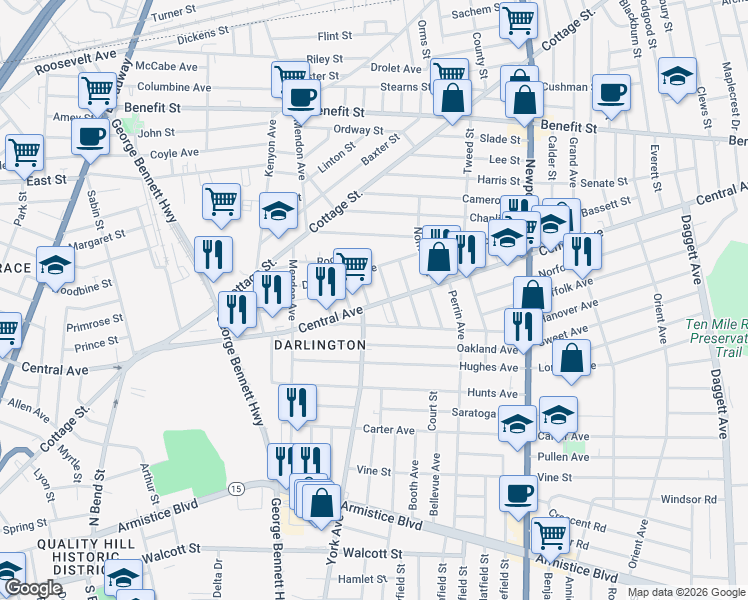 map of restaurants, bars, coffee shops, grocery stores, and more near 580 Central Avenue in Pawtucket