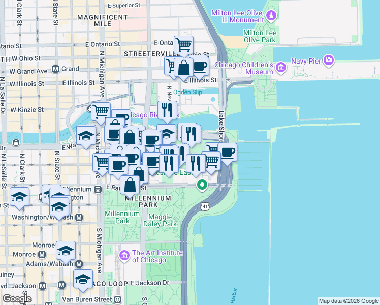 map of restaurants, bars, coffee shops, grocery stores, and more near 402 East South Water Street in Chicago