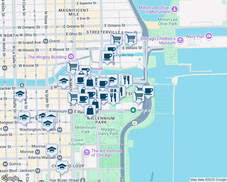 map of restaurants, bars, coffee shops, grocery stores, and more near 333 East Benton Place in Chicago