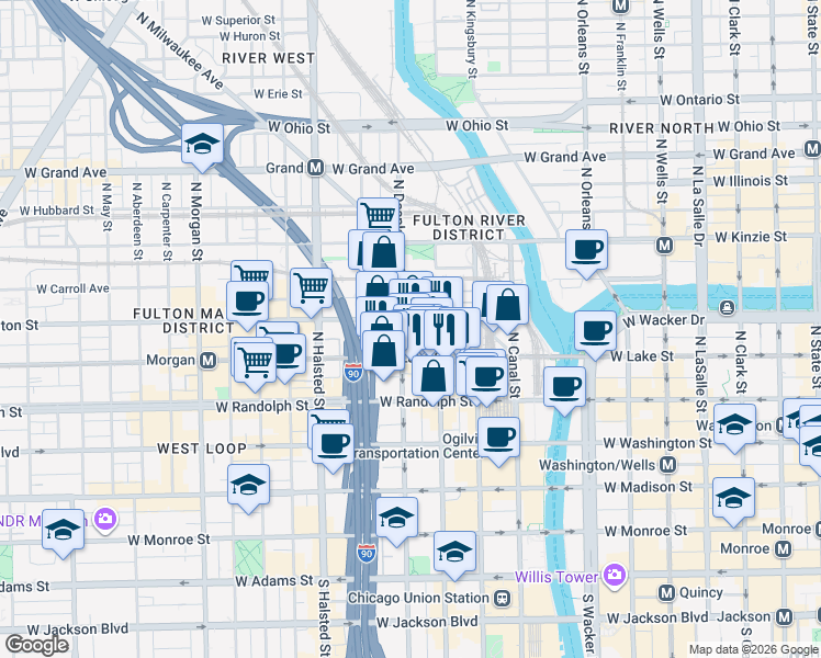 map of restaurants, bars, coffee shops, grocery stores, and more near 200 North Jefferson Street in Chicago