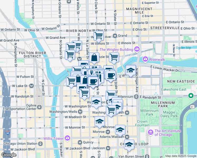 map of restaurants, bars, coffee shops, grocery stores, and more near 77 West Wacker Drive in Chicago