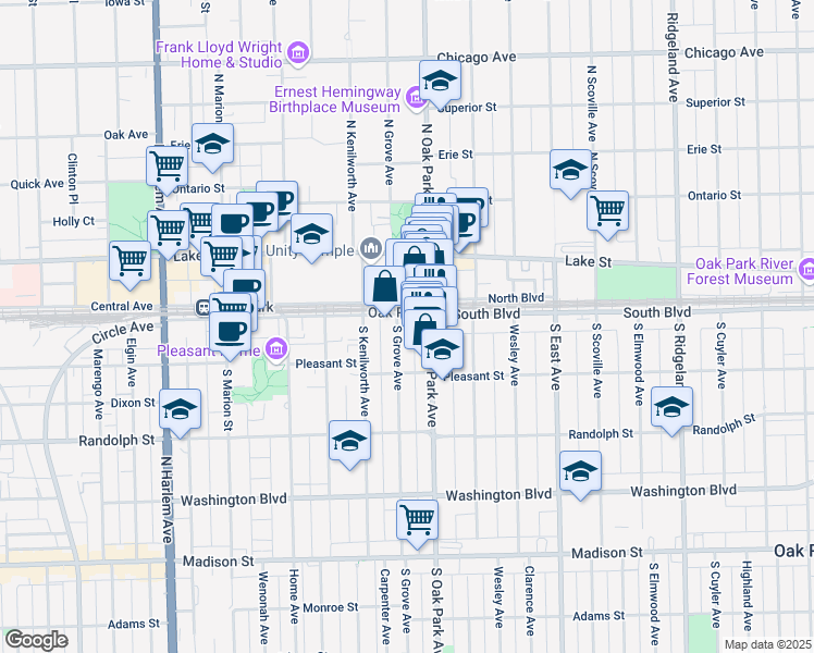 map of restaurants, bars, coffee shops, grocery stores, and more near 149-155 North Oak Park Avenue in Oak Park