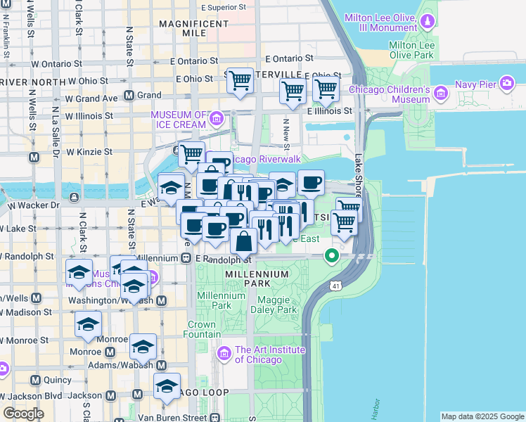 map of restaurants, bars, coffee shops, grocery stores, and more near 225 North Columbus Drive in Chicago