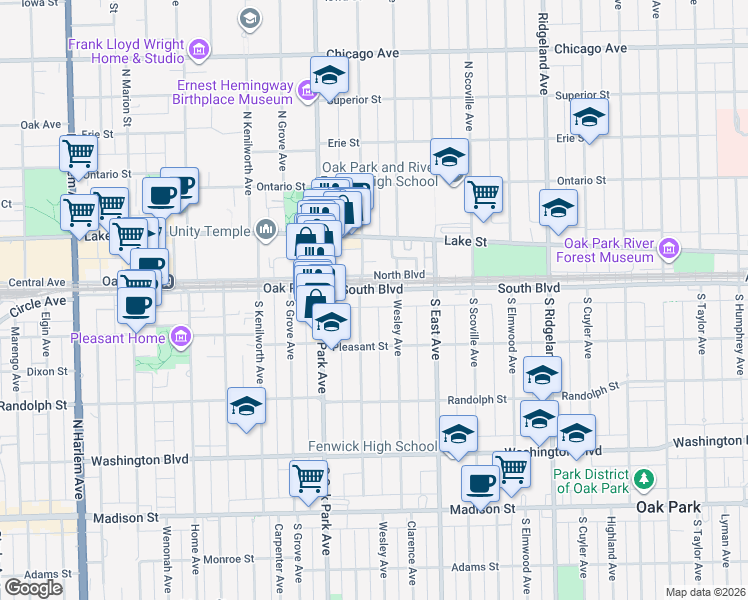map of restaurants, bars, coffee shops, grocery stores, and more near 123 Wesley Avenue in Oak Park