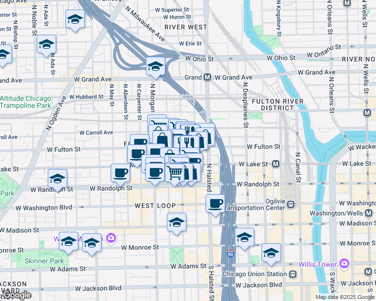 map of restaurants, bars, coffee shops, grocery stores, and more near 845 West Fulton Market in Chicago