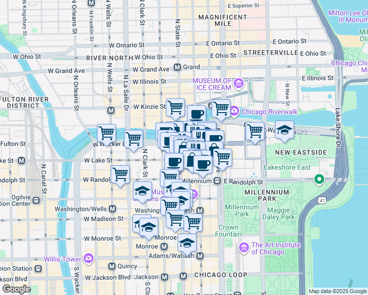 map of restaurants, bars, coffee shops, grocery stores, and more near 1 East Upper Wacker Drive in Chicago