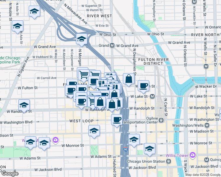map of restaurants, bars, coffee shops, grocery stores, and more near 811 West Fulton Market in Chicago