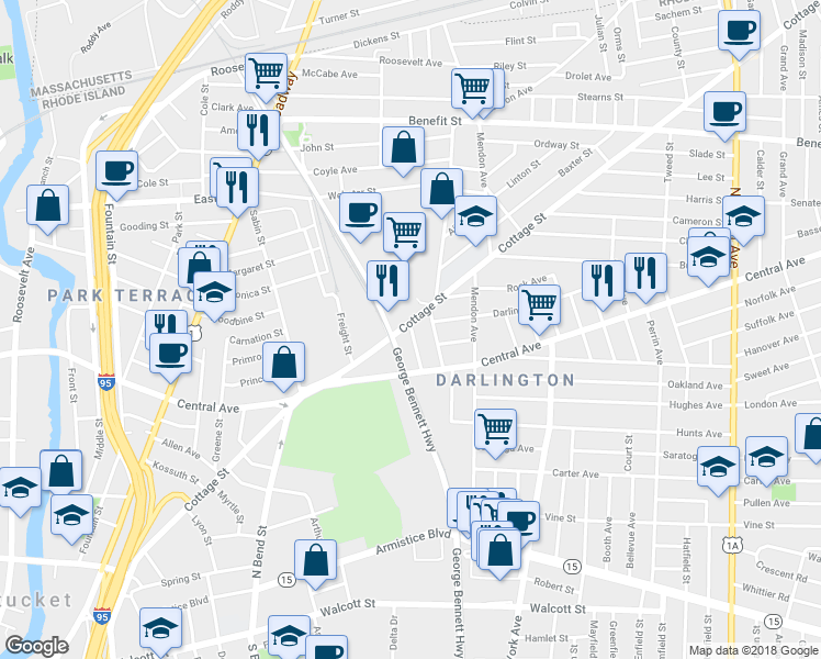 map of restaurants, bars, coffee shops, grocery stores, and more near 23 Freeman Street in Pawtucket