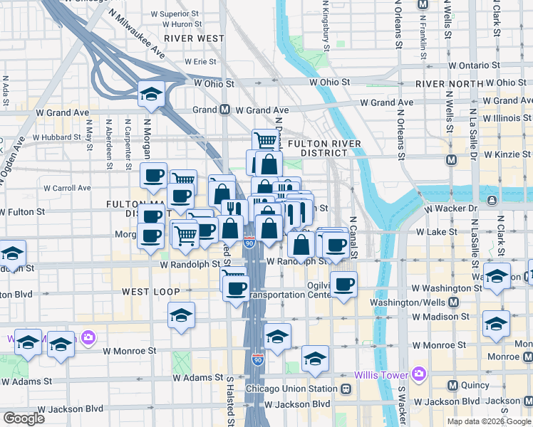 map of restaurants, bars, coffee shops, grocery stores, and more near 650 West Lake Street in Chicago