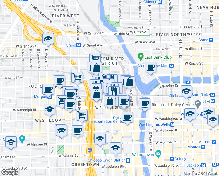 map of restaurants, bars, coffee shops, grocery stores, and more near 202 North Jefferson Street in Chicago