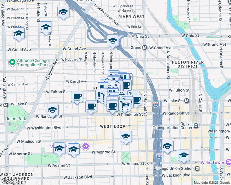 map of restaurants, bars, coffee shops, grocery stores, and more near 216 North Peoria Street in Chicago