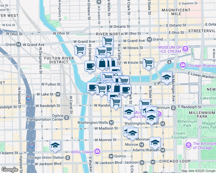 map of restaurants, bars, coffee shops, grocery stores, and more near 205 West Wacker Drive in Chicago