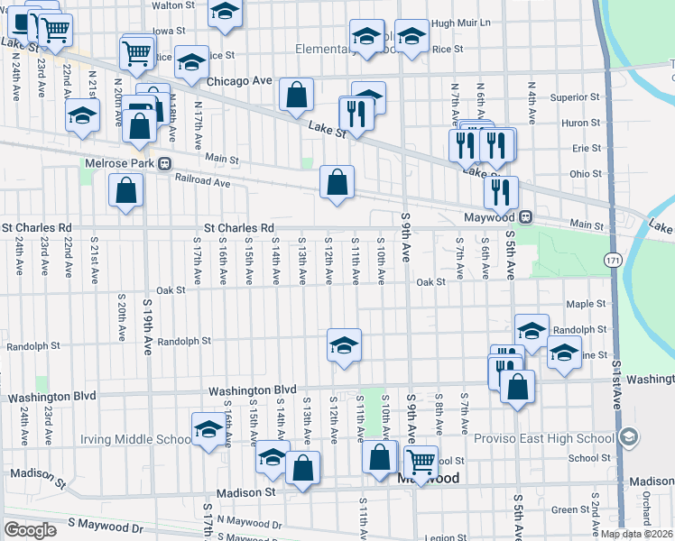 map of restaurants, bars, coffee shops, grocery stores, and more near 1110 Oak Street in Maywood