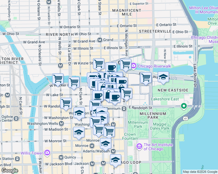 map of restaurants, bars, coffee shops, grocery stores, and more near 30 East Lake Street in Chicago