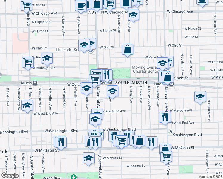 map of restaurants, bars, coffee shops, grocery stores, and more near 327 North Pine Avenue in Chicago
