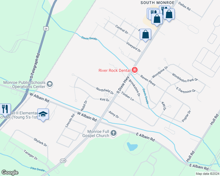 map of restaurants, bars, coffee shops, grocery stores, and more near 5050 Northfield Drive in Monroe