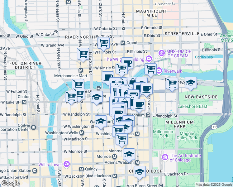 map of restaurants, bars, coffee shops, grocery stores, and more near 1 East Wacker Drive in Chicago