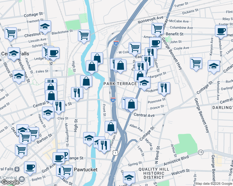 map of restaurants, bars, coffee shops, grocery stores, and more near Fountain Street in Pawtucket