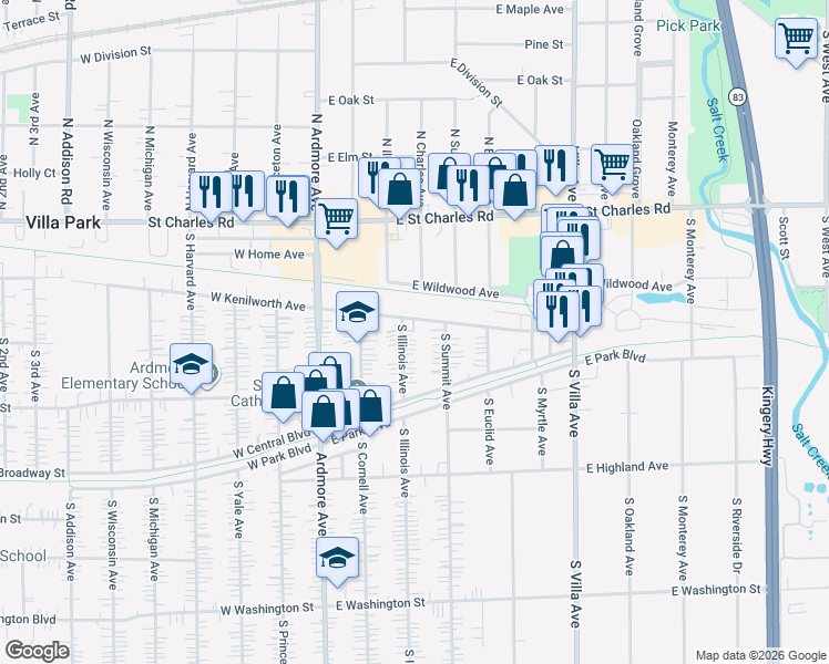 map of restaurants, bars, coffee shops, grocery stores, and more near 131 South Illinois Avenue in Villa Park