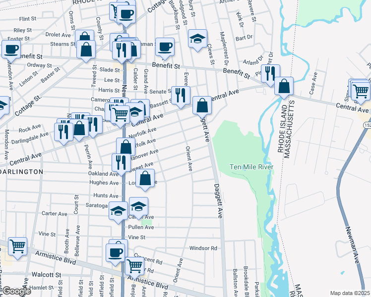 map of restaurants, bars, coffee shops, grocery stores, and more near 157 Sweet Avenue in Pawtucket