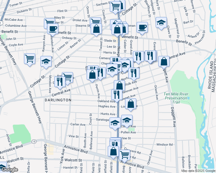 map of restaurants, bars, coffee shops, grocery stores, and more near 19 Short Street in Pawtucket