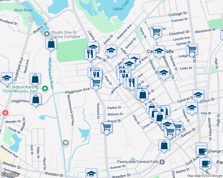 map of restaurants, bars, coffee shops, grocery stores, and more near 20 Claremont Street in Central Falls